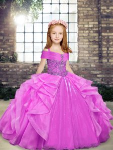 Lilac Sleeveless Floor Length Beading and Ruffles Lace Up Kids Pageant Dress