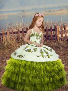 Custom Fit Green Straps Neckline Embroidery and Ruffled Layers Custom Made Pageant Dress Sleeveless Lace Up