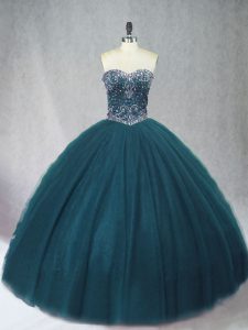 Tulle Sweetheart Sleeveless Lace Up Beading Sweet 16 Dresses in Peacock Green