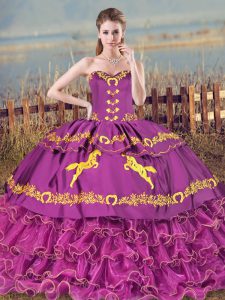 Colorful Purple Satin and Organza Lace Up Sweetheart Sleeveless 15th Birthday Dress Brush Train Embroidery and Ruffles