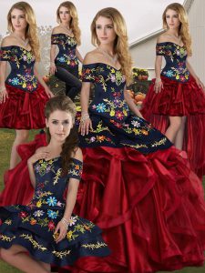 Sweet Red And Black Off The Shoulder Lace Up Embroidery and Ruffles Quinceanera Dresses Sleeveless