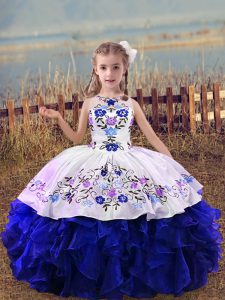 Customized Organza Scoop Sleeveless Lace Up Embroidery and Ruffles Kids Pageant Dress in Royal Blue