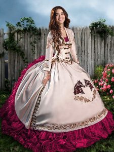 Glorious Sweetheart Sleeveless Satin Quinceanera Gowns Embroidery and Ruffles Lace Up