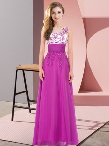 Elegant Floor Length Fuchsia Vestidos de Damas Chiffon Sleeveless Appliques