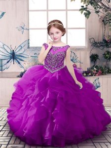 Purple Sleeveless Beading and Ruffles Floor Length Little Girls Pageant Gowns