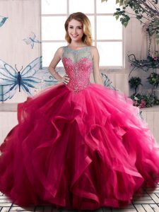 Fine Fuchsia Quince Ball Gowns Sweet 16 and Quinceanera with Beading and Ruffles Scoop Sleeveless Lace Up