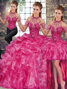 Beauteous Halter Top Sleeveless Organza Vestidos de Quinceanera Beading and Ruffles Lace Up