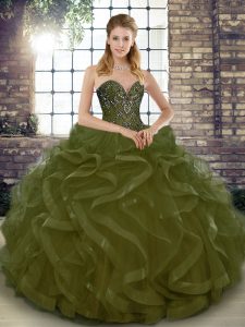 Olive Green Lace Up Sweetheart Beading and Ruffles 15 Quinceanera Dress Tulle Sleeveless