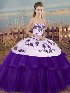 Flirting Sleeveless Floor Length Embroidery and Bowknot Lace Up 15 Quinceanera Dress with White And Purple