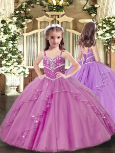 Enchanting Straps Sleeveless Pageant Dress Toddler Floor Length Beading and Ruffles Lilac Tulle