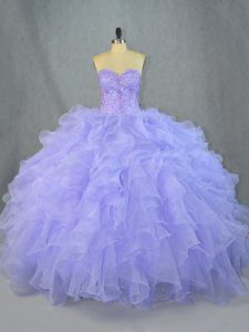 Floor Length Lavender Quince Ball Gowns Organza Sleeveless Beading and Ruffles