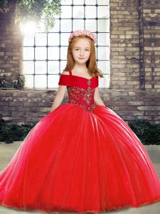 Beading Little Girls Pageant Gowns Red Lace Up Sleeveless Brush Train