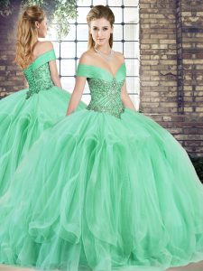Artistic Apple Green Tulle Lace Up Off The Shoulder Sleeveless Floor Length Quinceanera Gown Beading and Ruffles