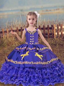 On Sale Organza Straps Sleeveless Lace Up Beading and Embroidery and Ruffled Layers Custom Made Pageant Dress in Blue