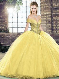 Beading Vestidos de Quinceanera Gold Lace Up Sleeveless Brush Train