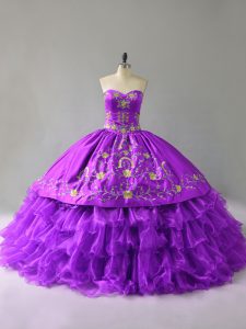 Purple Sweetheart Lace Up Embroidery and Ruffles 15 Quinceanera Dress Sleeveless