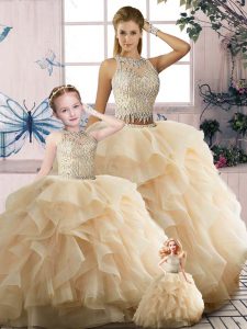 Tulle Scoop Sleeveless Zipper Beading and Ruffles Quinceanera Gown in Champagne