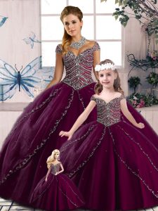 Dazzling Purple Quinceanera Gowns Beading Cap Sleeves Brush Train