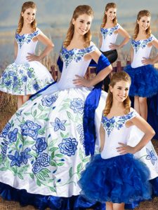 Off The Shoulder Sleeveless Satin and Organza Quinceanera Gown Embroidery and Ruffles Lace Up