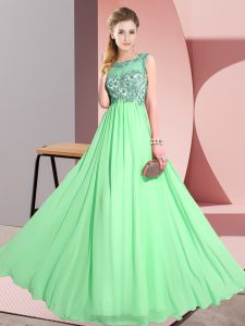 Green Empire Beading and Appliques Quinceanera Dama Dress Backless Chiffon Sleeveless Floor Length