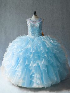 High End Blue Lace Up Quinceanera Dress Beading and Ruffles Sleeveless Floor Length