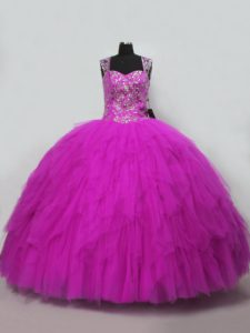Stunning Floor Length Lace Up Quince Ball Gowns Fuchsia for Sweet 16 and Quinceanera with Beading and Ruffles