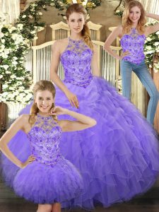 Smart Sleeveless Floor Length Beading and Ruffles Lace Up Ball Gown Prom Dress with Lavender