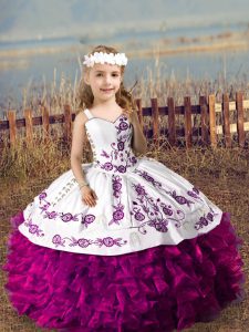 Perfect Fuchsia Ball Gowns Embroidery and Ruffles Kids Pageant Dress Lace Up Organza Sleeveless Floor Length