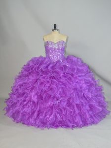 Purple Sweetheart Lace Up Beading and Ruffles Vestidos de Quinceanera Sleeveless