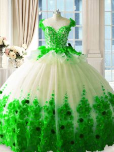 Graceful Green Ball Gown Prom Dress Tulle Brush Train Sleeveless Hand Made Flower