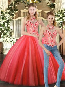Elegant Halter Top Sleeveless Lace Up Sweet 16 Dresses Coral Red Tulle