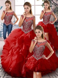 Graceful Ball Gowns Sweet 16 Dress Red Scoop Organza Sleeveless Floor Length Zipper