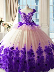 White And Purple Sleeveless Brush Train Hand Made Flower Sweet 16 Dresses