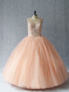 Affordable Peach Scoop Lace Up Beading Quince Ball Gowns Sleeveless