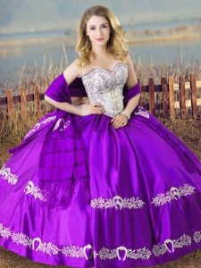 Beading and Embroidery Quinceanera Gown Purple Lace Up Sleeveless Floor Length
