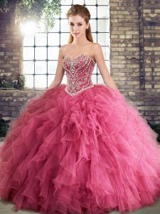 Free and Easy Watermelon Red Tulle Lace Up Sweet 16 Dresses Sleeveless Floor Length Beading and Ruffles