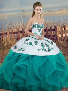 Glamorous Floor Length Lace Up Quinceanera Dresses Turquoise for Military Ball and Sweet 16 and Quinceanera with Embroidery and Ruffles and Bowknot