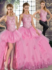 Rose Pink Lace Up Scoop Lace and Embroidery and Ruffles Sweet 16 Dresses Tulle Sleeveless