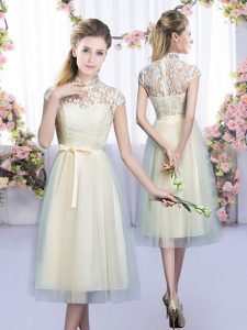 Glorious Champagne Empire Tulle High-neck Cap Sleeves Lace and Bowknot Tea Length Zipper Quinceanera Court Dresses