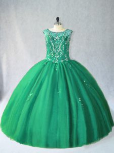 Nice Sleeveless Floor Length Beading Lace Up Sweet 16 Dresses with Green