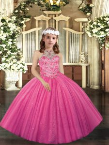 Hot Pink Sleeveless Tulle Lace Up Kids Formal Wear for Party and Wedding Party