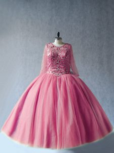 Pink Scoop Lace Up Beading 15 Quinceanera Dress Long Sleeves