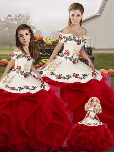 Superior Off The Shoulder Sleeveless Tulle 15 Quinceanera Dress Embroidery and Ruffles Lace Up