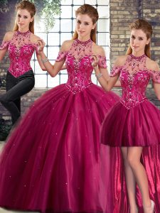 Low Price Fuchsia Halter Top Neckline Beading Quinceanera Gowns Sleeveless Lace Up