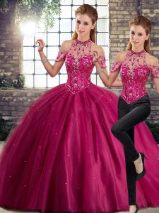 On Sale Two Pieces Sleeveless Fuchsia Sweet 16 Quinceanera Dress Brush Train Lace Up