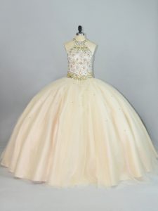 Sleeveless Floor Length Beading Lace Up Sweet 16 Quinceanera Dress with Champagne
