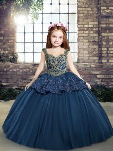 Most Popular Navy Blue Ball Gowns Straps Sleeveless Tulle Floor Length Lace Up Beading and Appliques Girls Pageant Dresses