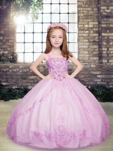 Floor Length Lace Up Little Girl Pageant Dress Lilac for Party and Military Ball and Wedding Party with Beading