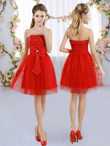 Modern Red Strapless Neckline Beading and Bowknot Damas Dress Sleeveless Side Zipper