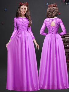 Floor Length Lace Up Court Dresses for Sweet 16 Lilac for Wedding Party with Appliques